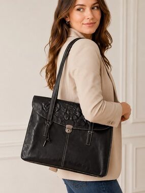 Patricia Nash Black Leather Floral Embossed Briefcase Laptop Shoulder Bag